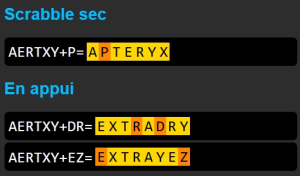 Le tirage AERTXY? dans l'anagrammeur "scrabble"