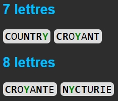 Le mot COUNTRY dans l'anagrammeur consonnes