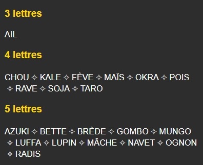 légumes triés par nombre de lettres