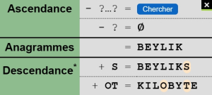 Le mot BEYLIK dans l'anagrammeur
